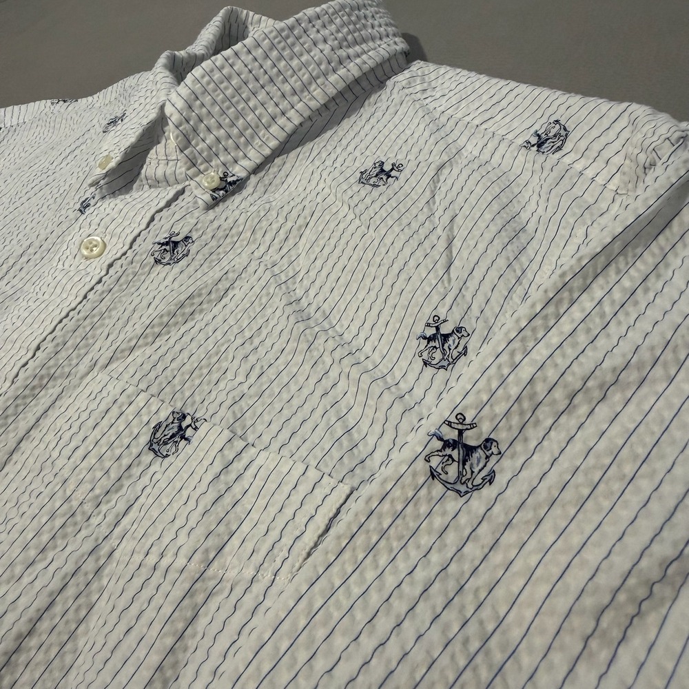 Ralph Lauren Men Blue White Seersucker Anchor Dog Shirt Nautical Classic-L-9622
